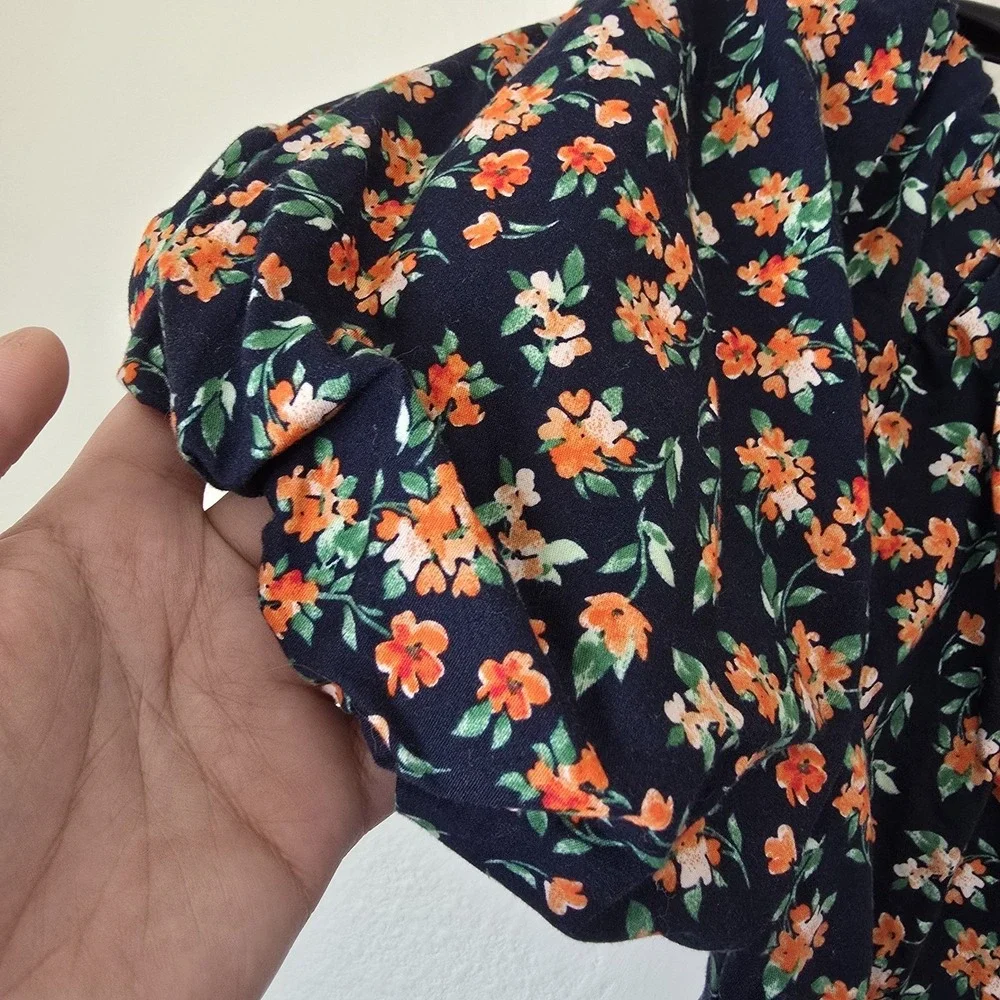 Old Navy Waist Defined Puff Sleeve Blouse Orange‎ Floral Ditsy Smock Women Large